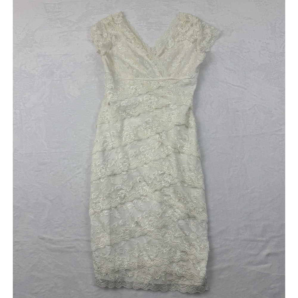 Marina Surplice White Deep V Neck Beaded Lace Cocktail Evening Dress Sz 8